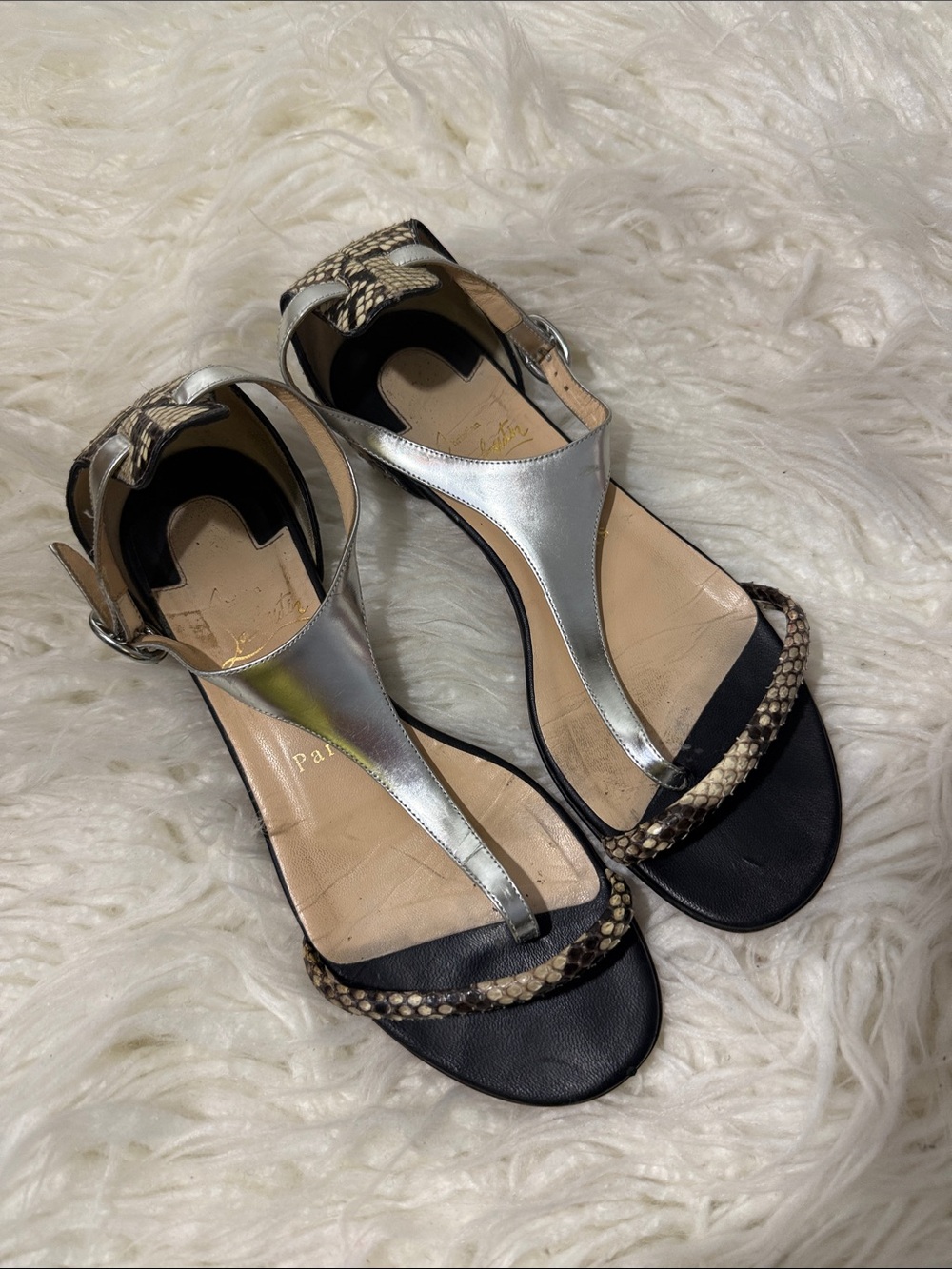 Christian Louboutin Silver T-Strap Sandals with phython printed size 6.5 to 7